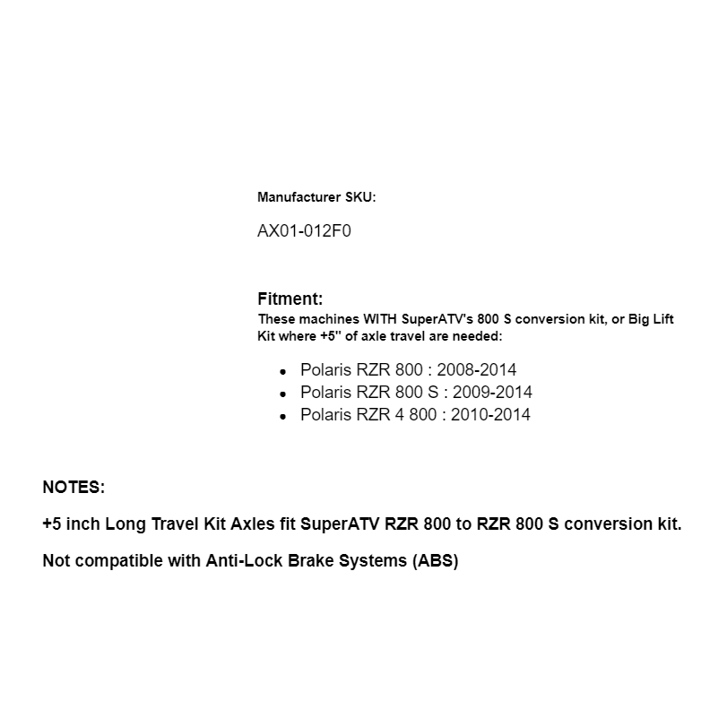 SuperATV Rhino 2.0 Front 5" In Long-Travel Axle for Polaris RZR 800 S/4 2008-14 - Image 6