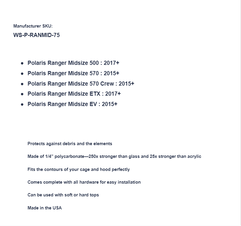 SuperATV Full Standard Windshield for Polaris Ranger Midsize 570 / 500 / ETX - Image 4