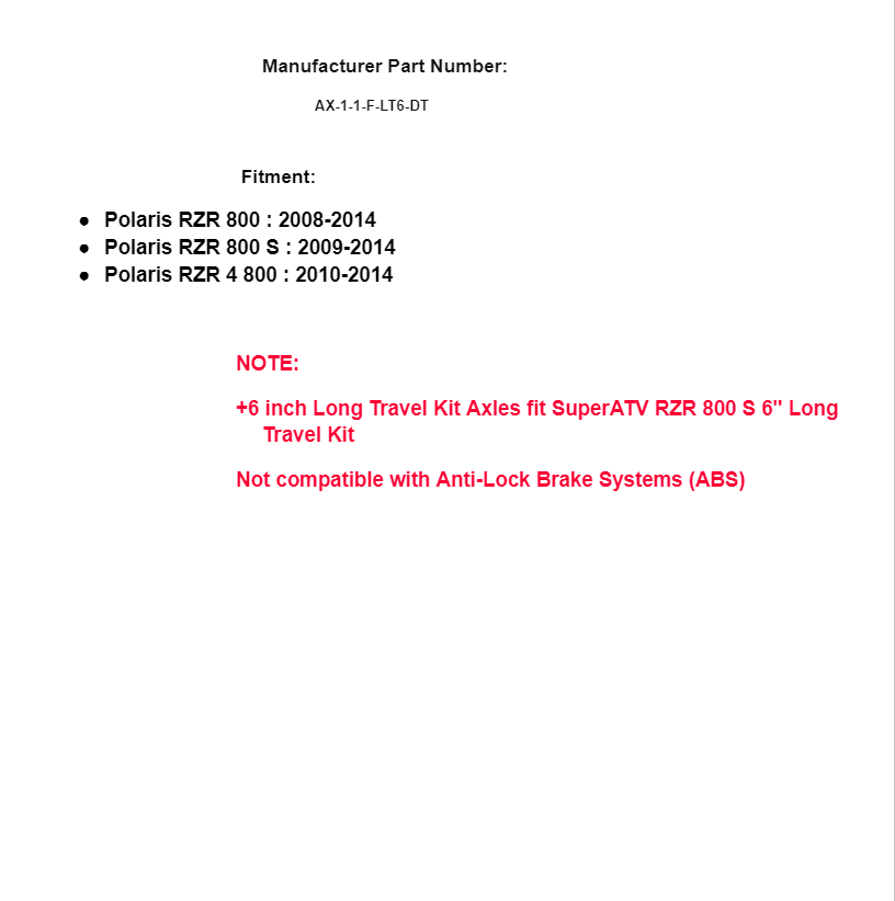 SuperATV Rhino FRONT 6'' Lift Kit Axle for Polaris RZR 800 / S - Image 6