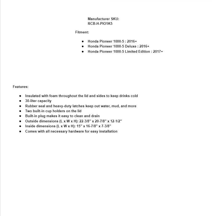 SuperATV 30L Rear Cargo Cooler Storage Box for Honda Pioneer 1000-5 - Image 7