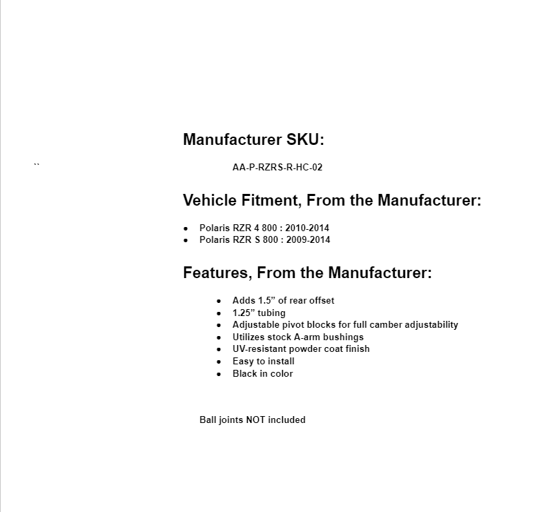 SuperATV High Clearance 1.5" Rear Offset A-Arms for Polaris RZR 800 S / 4 Seater - Image 5