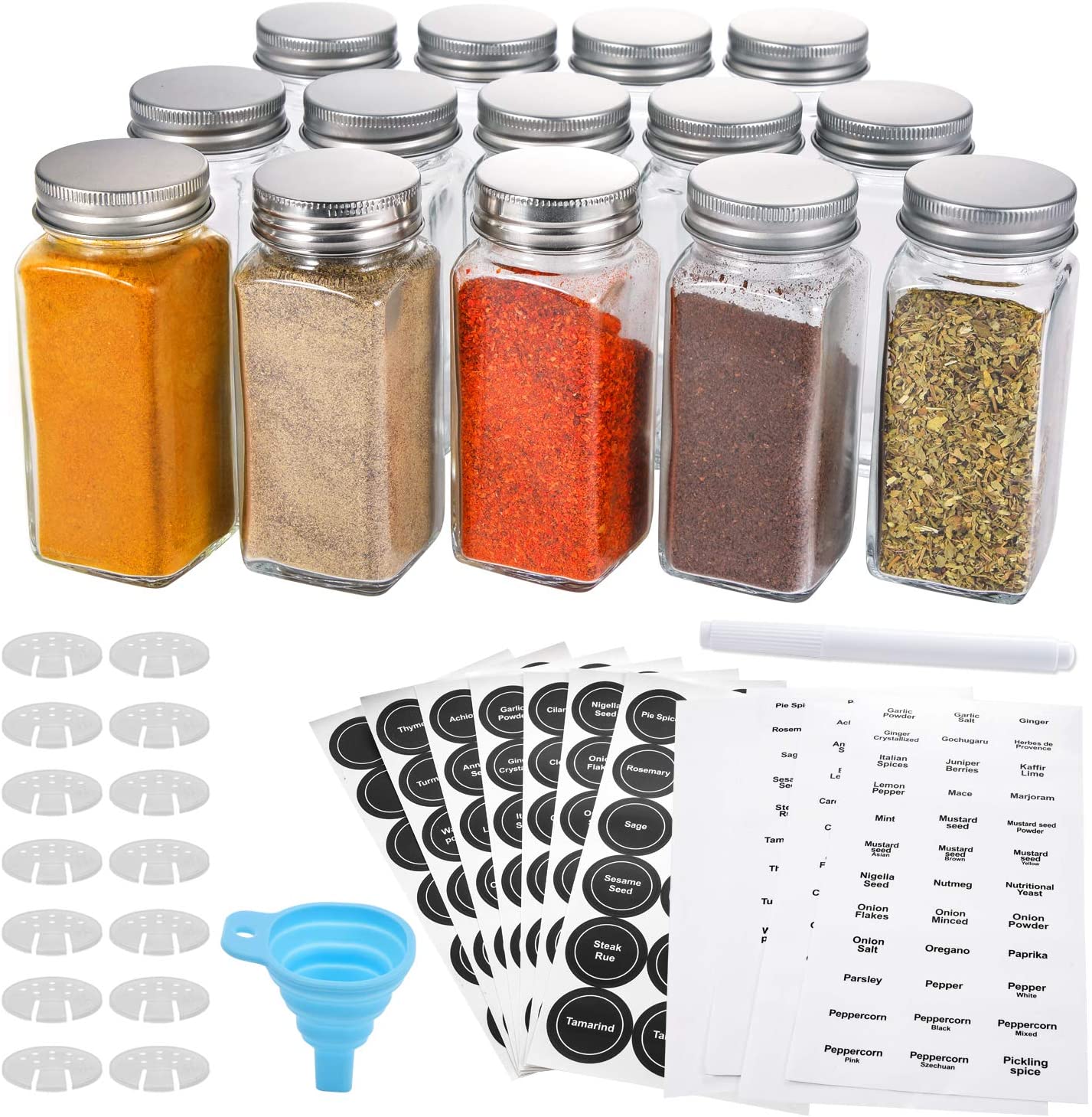 6oz, BEST VALUE 14 Glass Spice Jars includes pre-printed Spice Labels. 14  Square Empty Jars