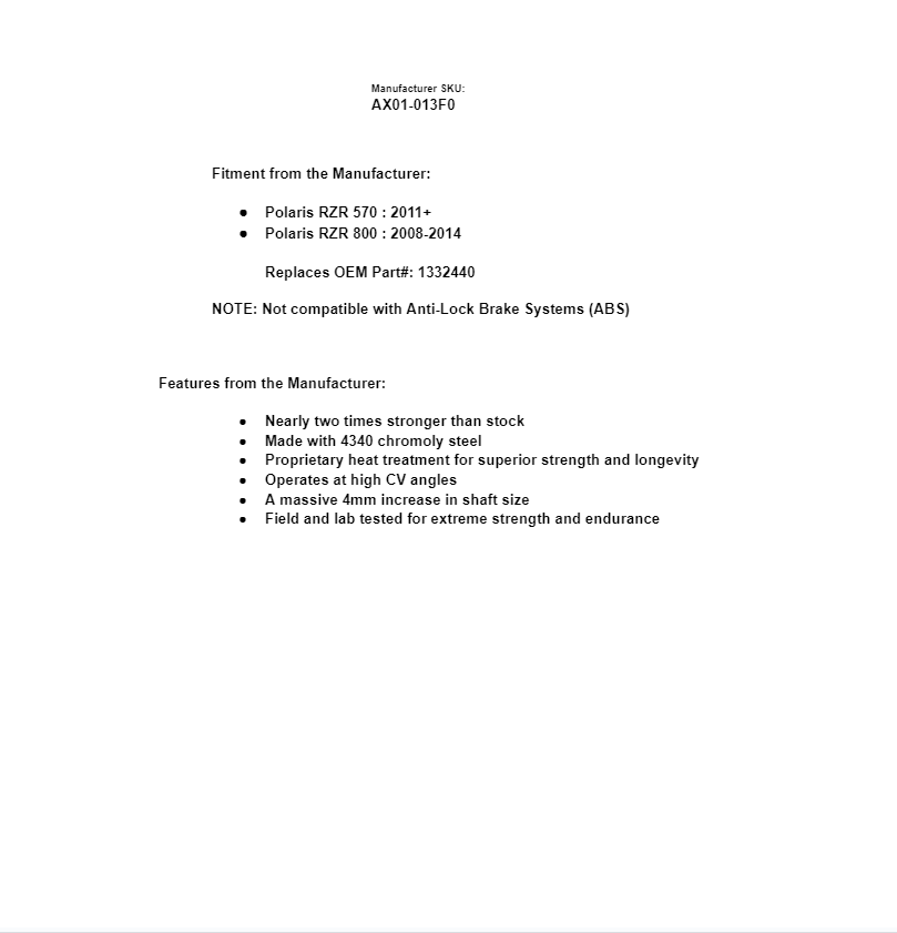 SuperATV Rhino 2.0 Heavy Duty Front Axle for Polaris RZR 570 2011+ 1332440 - Image 4