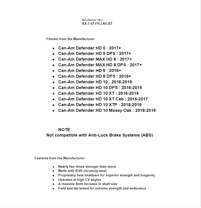 SuperATV Rhino 2.0 6'' Lift Front Right Axle Replacement for Can-Am Defender - Image 4