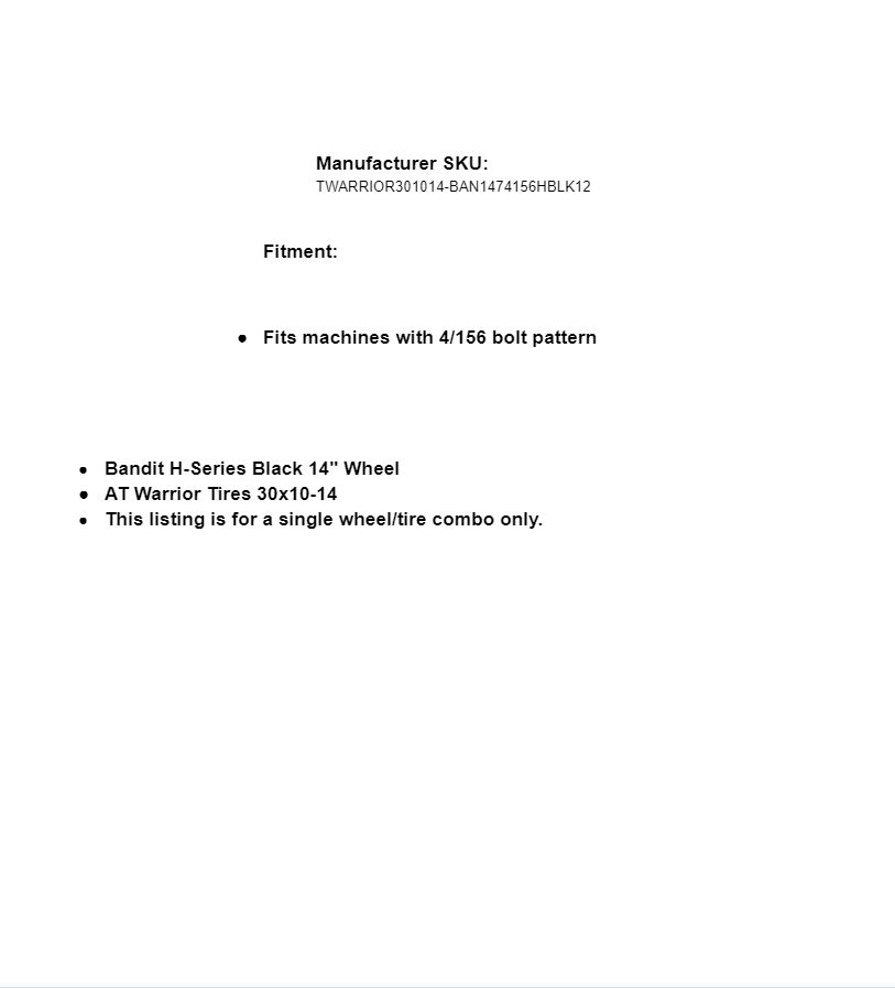 SuperATV AT Warrior 30x10-14 Tire Mounted On Bandit H-Series Black 4/156 Wheel - Image 4