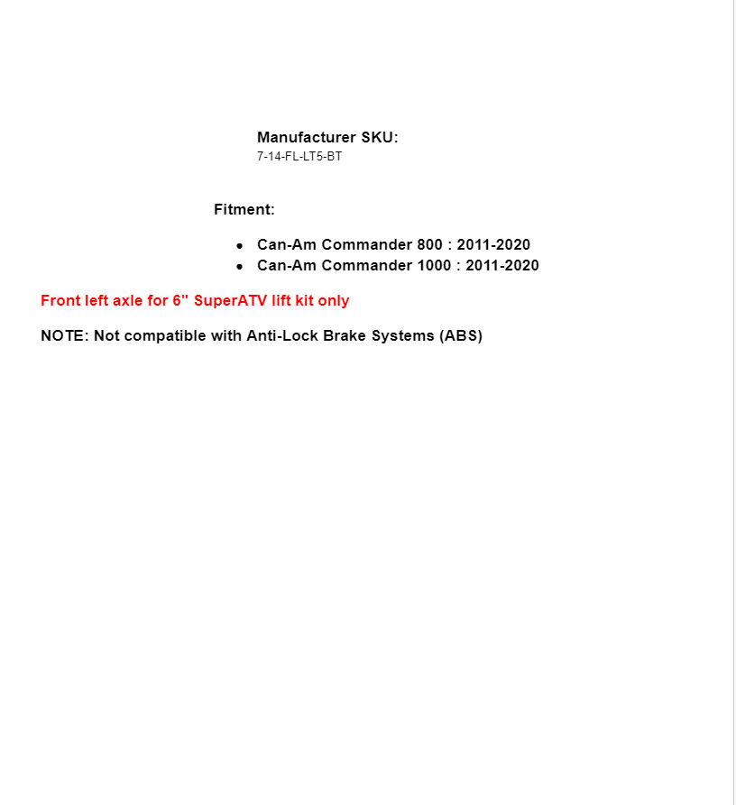 SuperATV Rhino Front Left 6" Lift Kit Axle for Can-Am Commander 800 / 1000 - Image 3