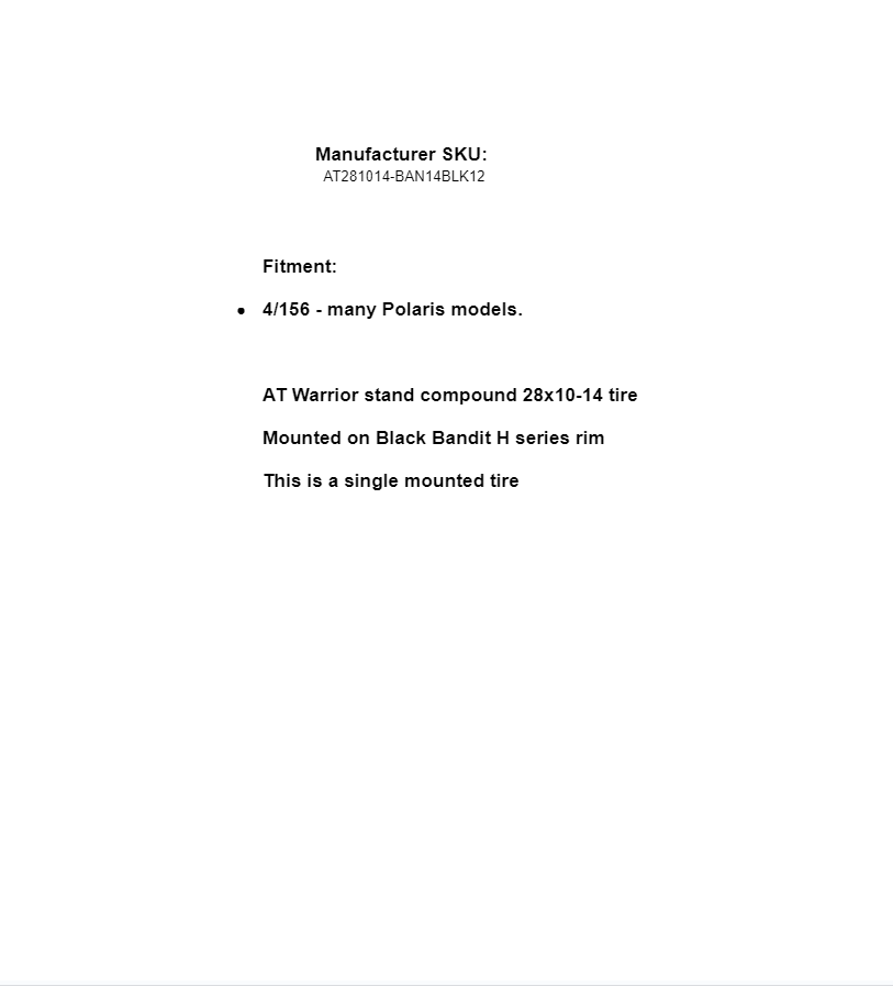 SuperATV AT Warrior Standard 28x10-14 Tire Mounted On Bandit H Series Black 4/156 - Image 5