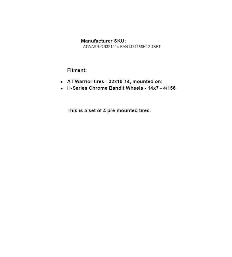 SuperATV Set of 4 AT Warrior 32x10-14 Tires on Bandit H-Series 14x7 4/156 Wheels - Image 5