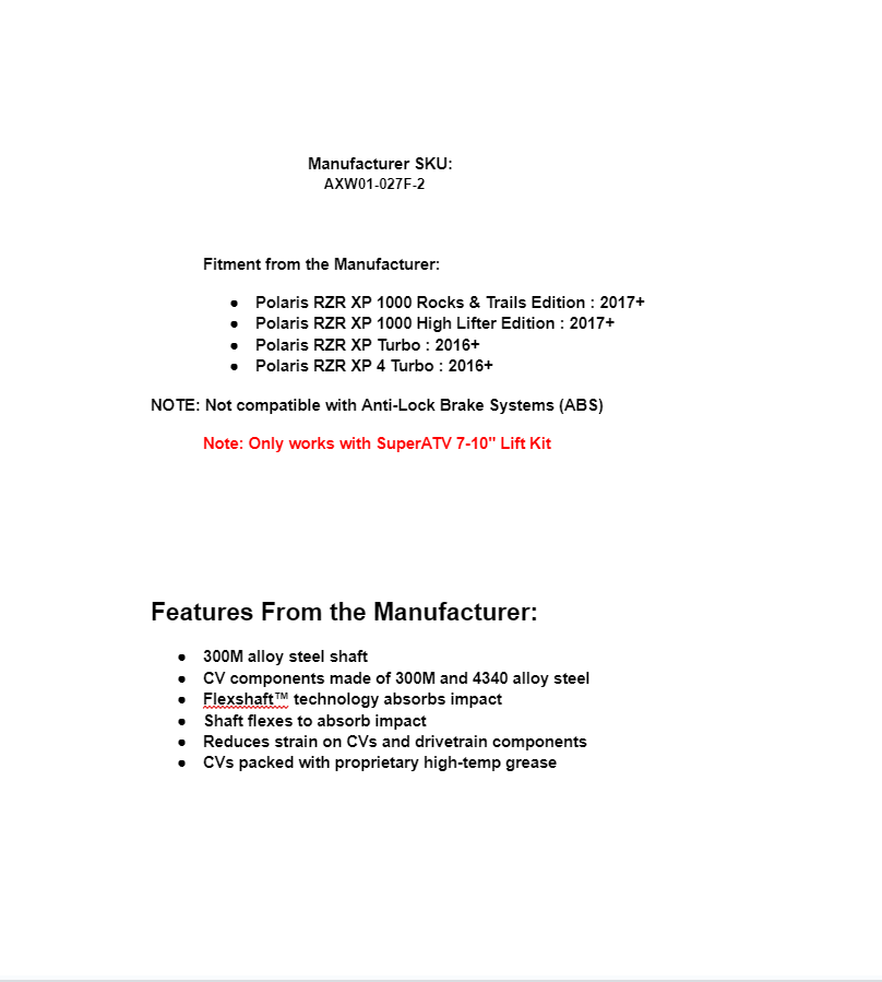 SuperATV X300 Front 7-10" Lift Axle for Polaris RZR XP 1000 Highlifter / Turbo - Image 4