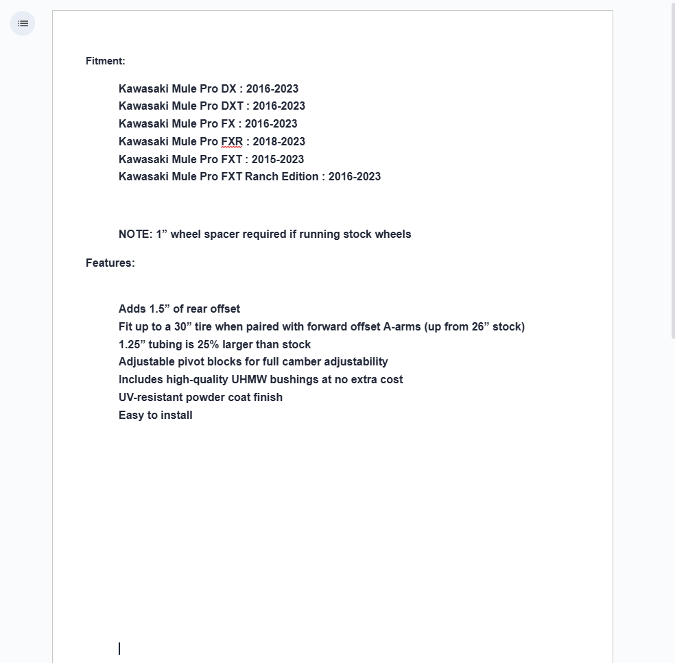 SuperATV High Clearance 1.5" Offset Rear A-Arms for Kawasaki Mule Pro FXT / FX - Image 8