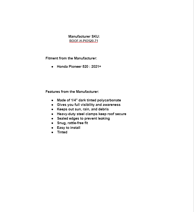 SuperATV Heavy Duty Tinted Roof for Honda Pioneer 520 - Image 7