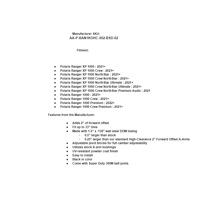 SuperATV Atlas Pro 2" Forward Offset A-Arms for Polaris Ranger 1000 / XP 1000 - Image 7