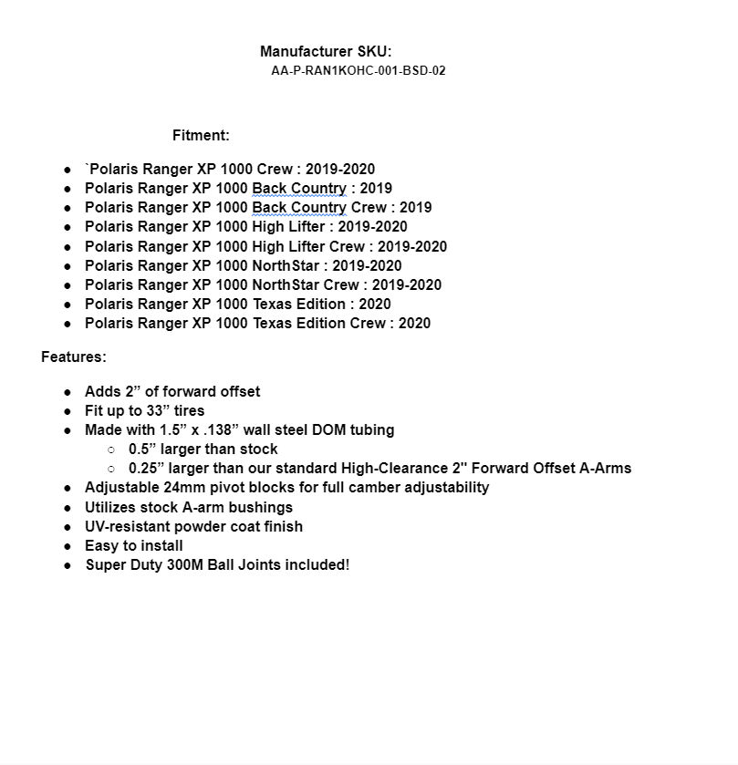 SuperATV Atlas Pro 2"Forward Offset A-Arms For Polaris Ranger XP1K/Crew 19-20 - Image 7