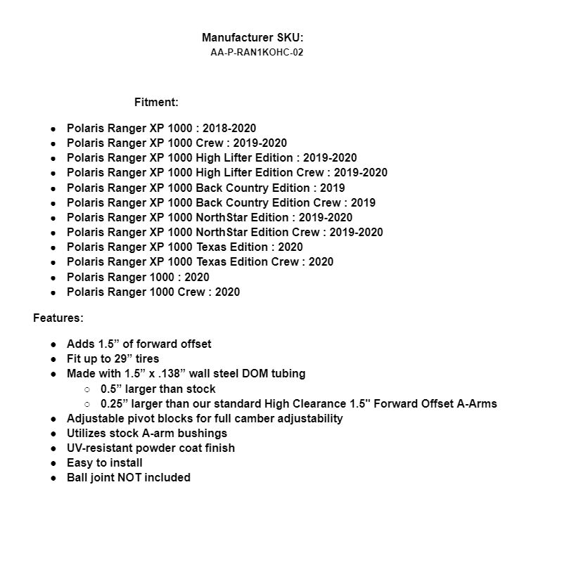SuperATV Atlas Pro 1.5" Forward Offset Front A-Arms For Polaris Ranger1K/XP 1K - Image 6