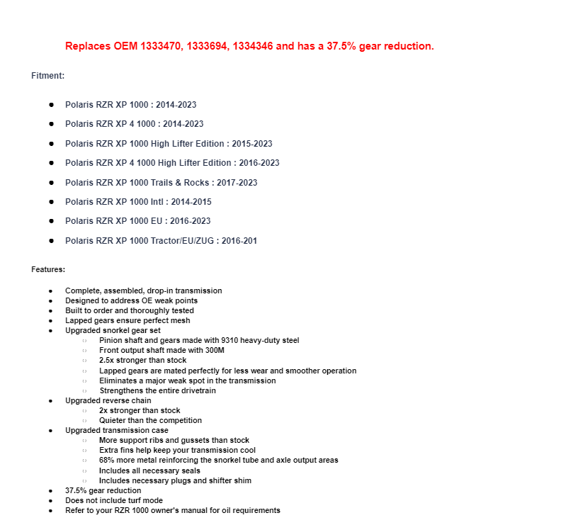 SuperATV Complete Transmission For Polaris XP 1000 W/ 37.5% Gear Reduction - Image 10