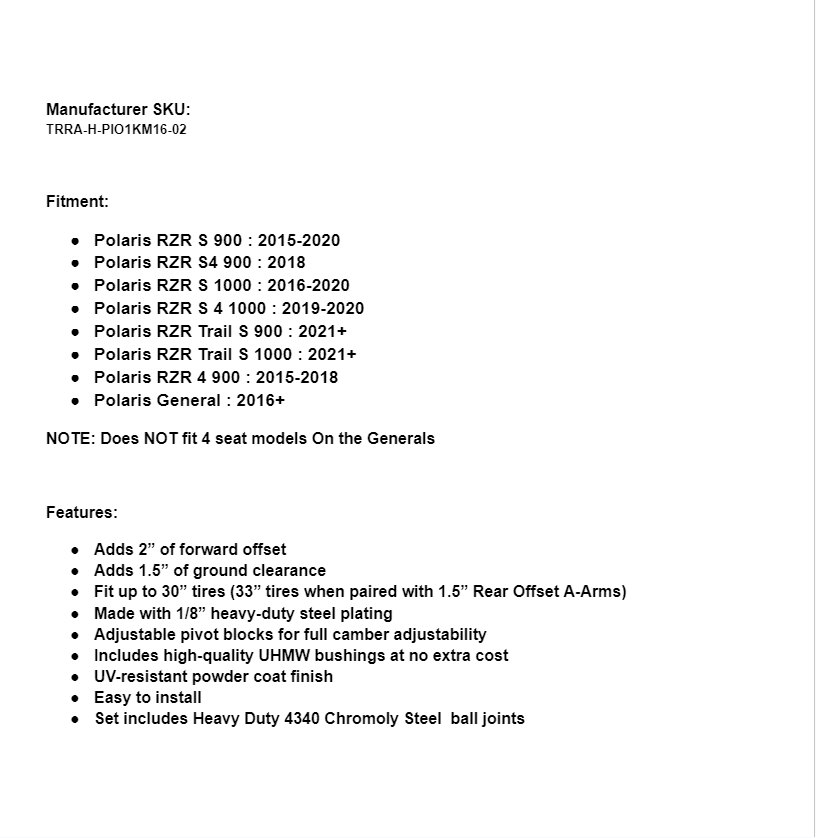 SuperATV 2" Forward Offset Boxed A-Arms For Polaris RZR S 900/ 1000/ Trail - Image 7