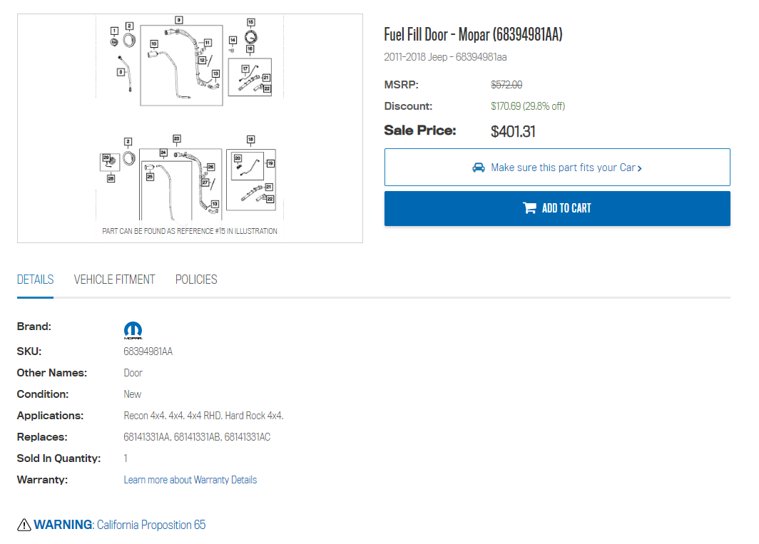 Mopar 2011-2018 Jeep Wrangler Fuel Door OEM 68394981AA Black Powder Coat - Image 2