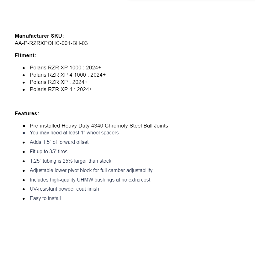 SuperATV 1.5" Forward Offset A-Arms For Polaris RZR XP/ 1000 2024+ - Image 2