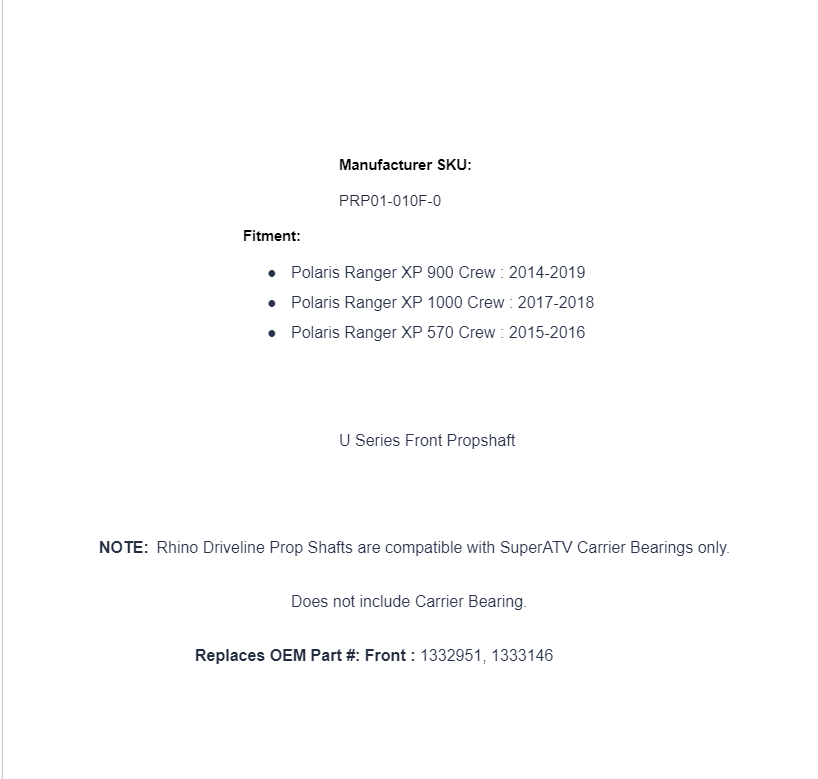 SuperATV Rhino U Series Front Prop Shaft For Polaris Ranger XP Crew - Image 2