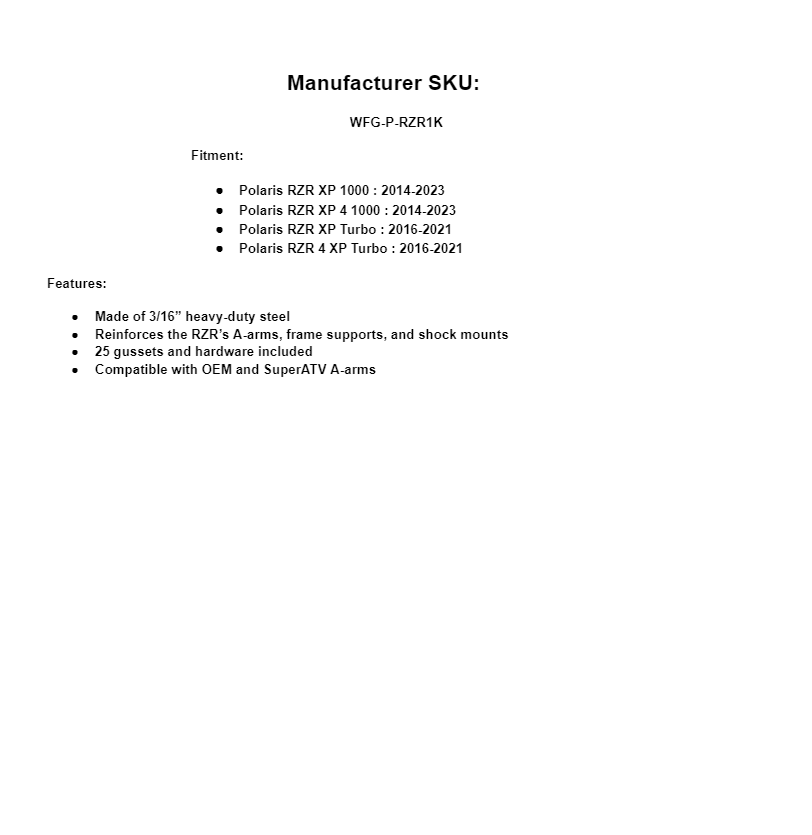 SuperATV Weld-In Front & Rear Gusset Kit For Polaris RZR XP 1000/ Turbo - Image 2