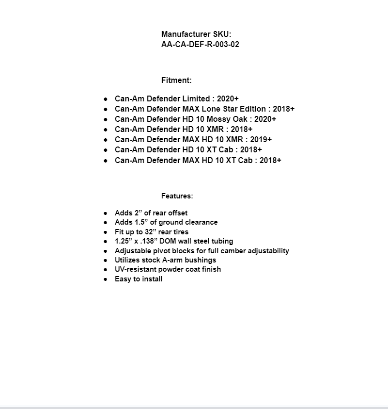 SuperATV 2 Inch Rear Offset A-Arms For Can-Am Defender HD10 - Image 2