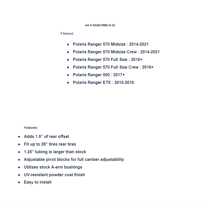 SuperATV High Clearance 1.5" Rear Offset A-arms For Polaris Ranger 570 - Image 6