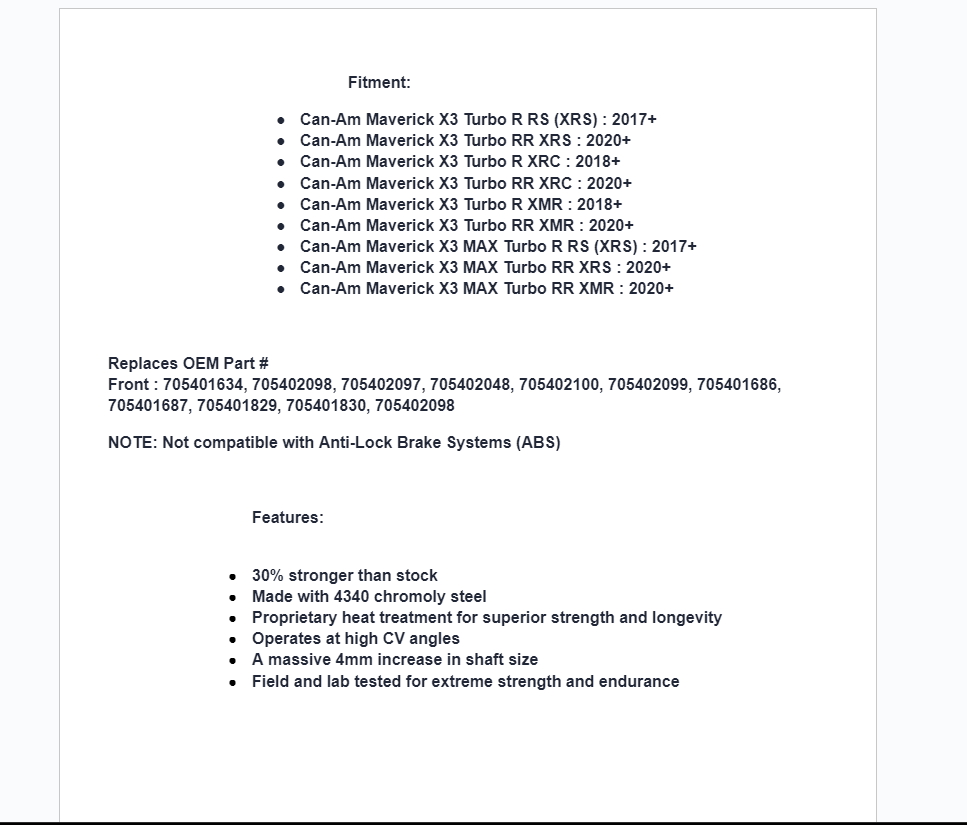 SuperATV Rhino 2.0 Front Left Axle For 72" Can-Am Maverick X3 Non Smart Lock - Image 7