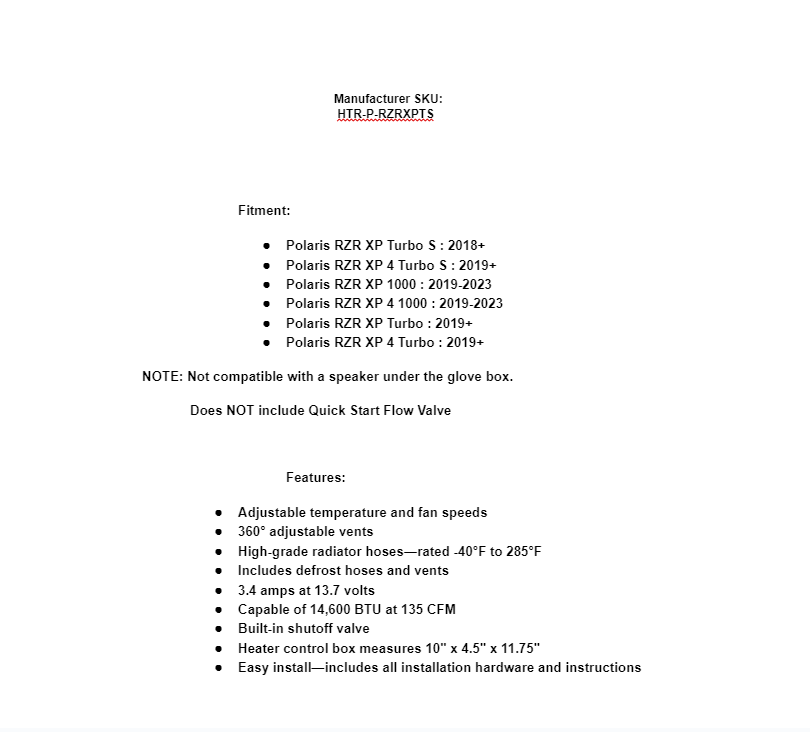SuperATV Cab Heater For Polaris RZR XP Turbo S/ XP 1000/ XP 4 - Image 4