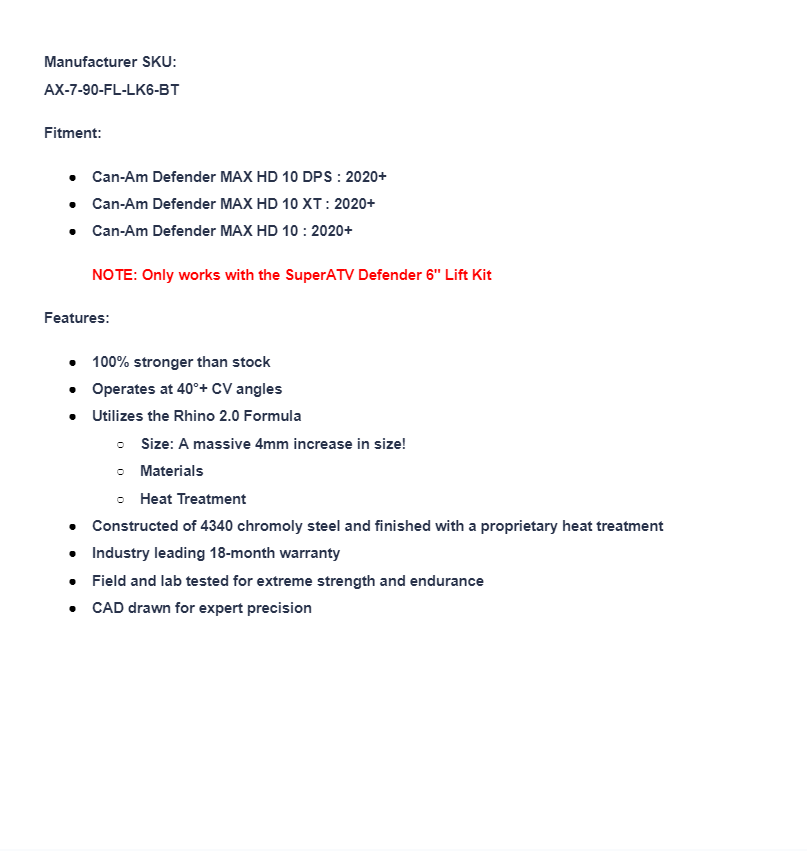 SuperATV Rhino 2.0 Big Lift Kit Front Left Axle For Can-Am Defender HD10 2020+ - Image 7