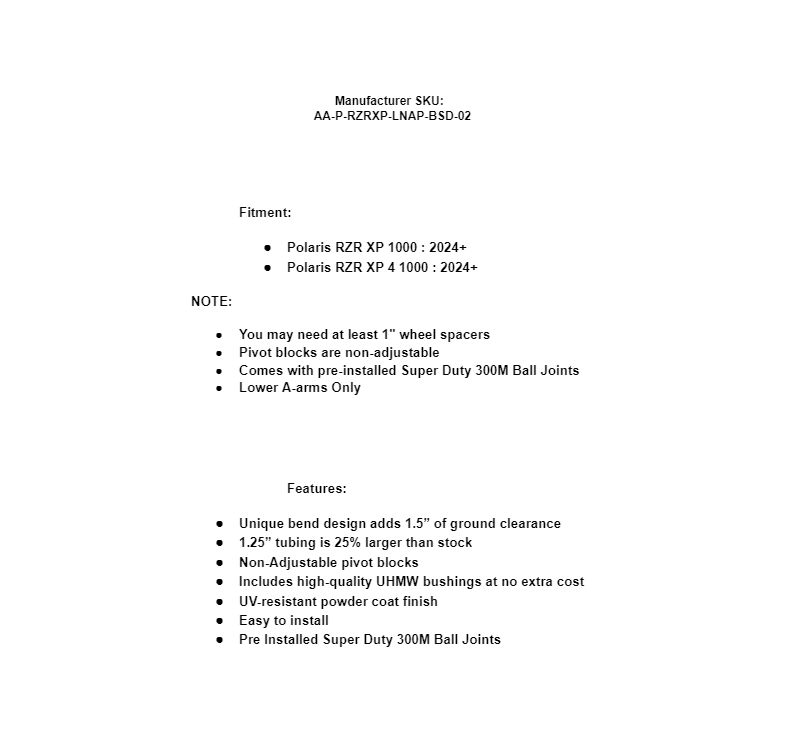 SuperATV High Clearance Lower A-Arms For Polaris RZR XP/4 1000 2024+ - Image 8