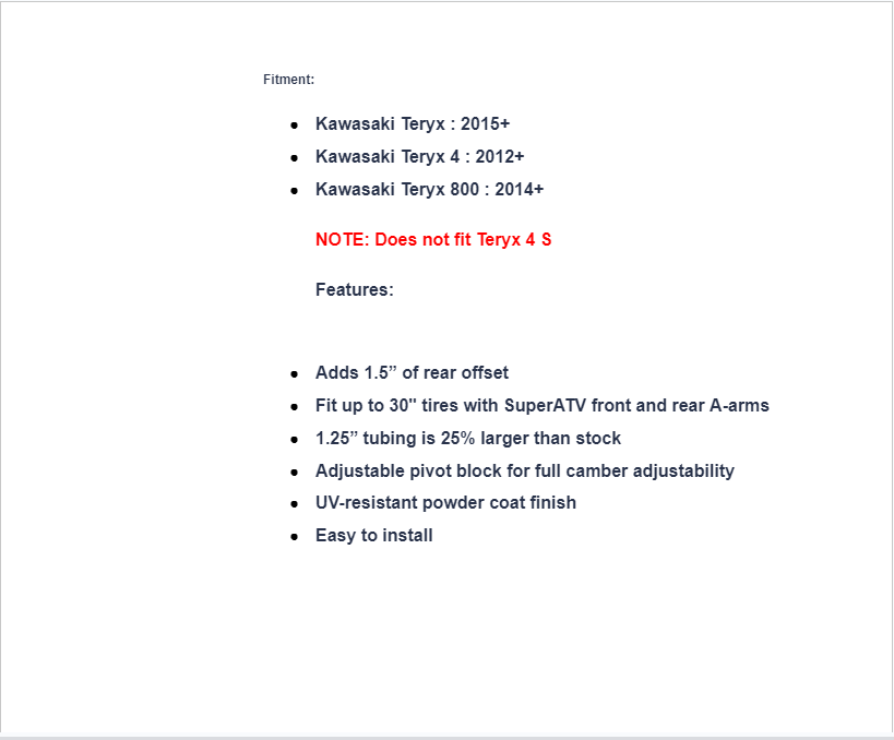 SuperATV High Clearance 1.5" Rear Offset A-Arms For Kawasaki Teryx - Image 7