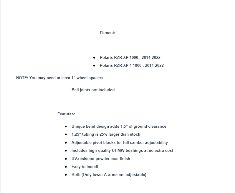 SuperATV High Clearance A-Arms For Polaris RZR XP 4/1000 2014-2022 - Image 4