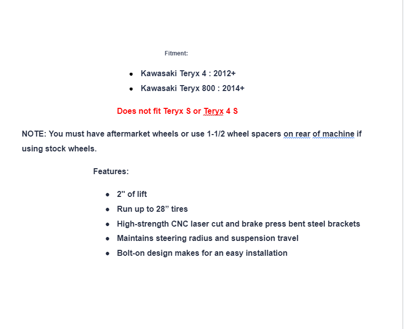 SuperATV 2" Lift Kit For Kawasaki Teryx 4/ 800 - Image 5