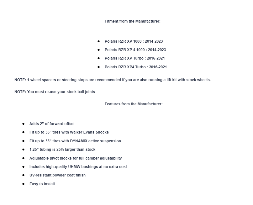 SuperATV High Clearance 2" Forward Offset A-Arms Polaris RZR XP Turbo - Image 5