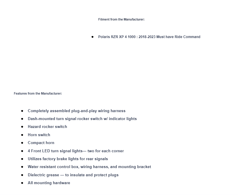 SuperATV Deluxe Plug & Play Turn Signal Kit For Polaris RZR XP4 1K W/ Ride Command - Image 2