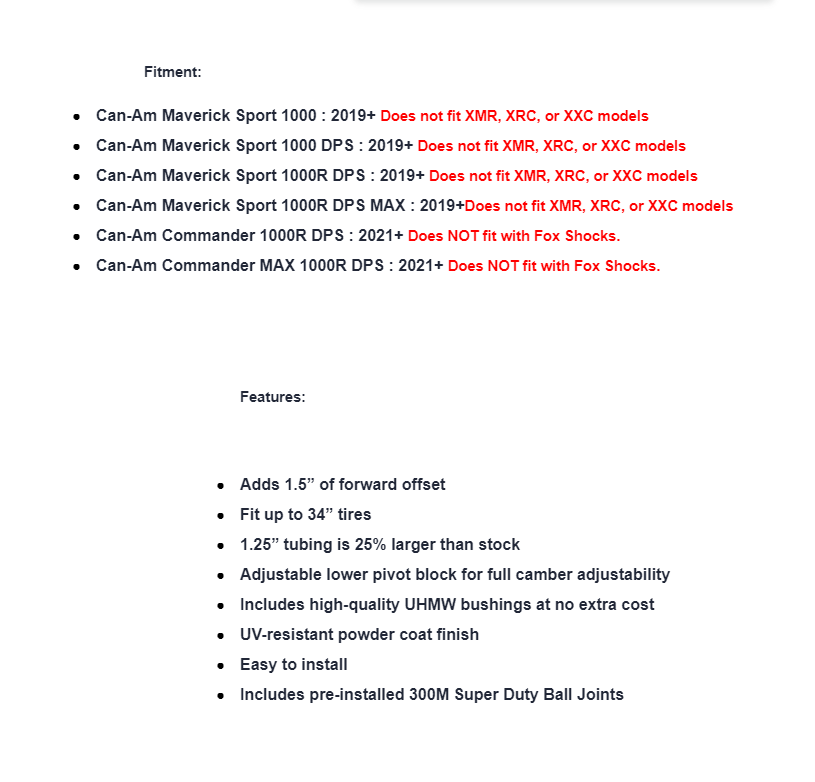 SuperATV High Clearance 1.5" Forward Offset A-Arms For Can-Am Maverick/ Commander 1000R - Image 5