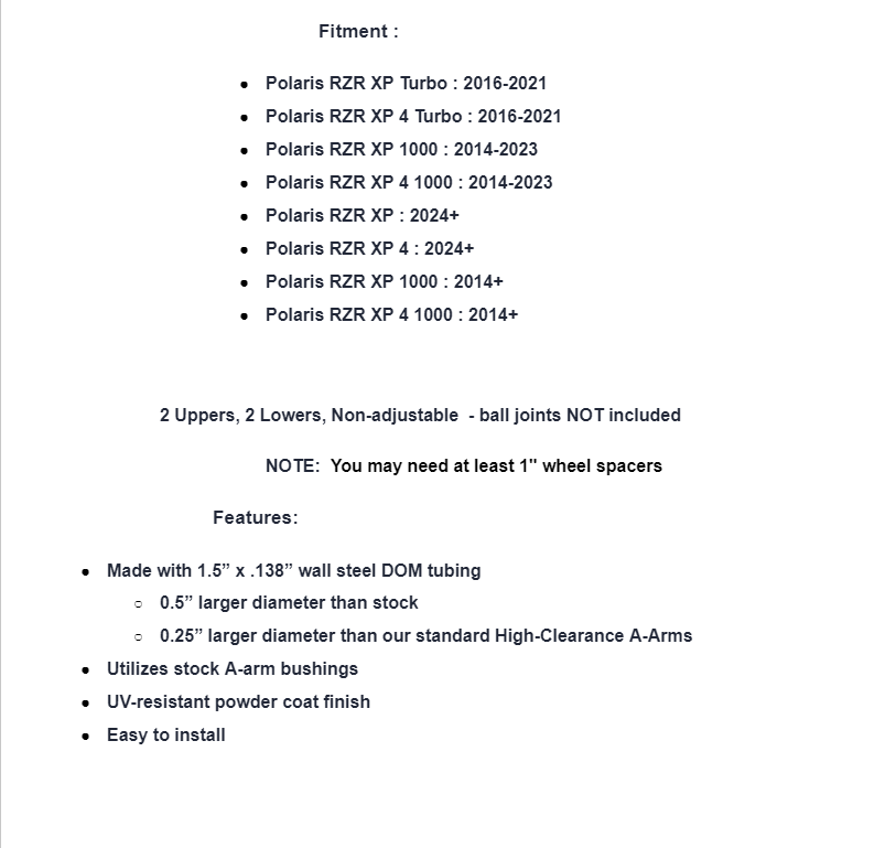SuperATV Atlas Pro Non-Adjustable A-Arms For Polaris RZR XP - Image 5