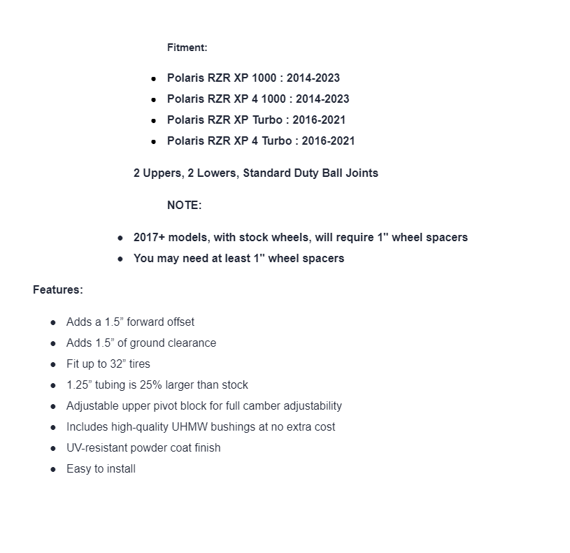 SuperATV High Clearance 1.5" Forward A-arms w/ Ball Joints For Polaris RZR XP - Image 6