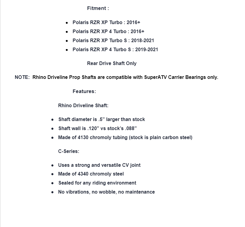 SuperATV Rhino Driveline C-Series Heavy Duty Rear Prop Shaft For Polaris RZR XP - Image 2