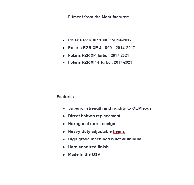 Assault Industries Turret Style Quick Camber Radius Rods For Polaris RZR XP1000 - Image 3