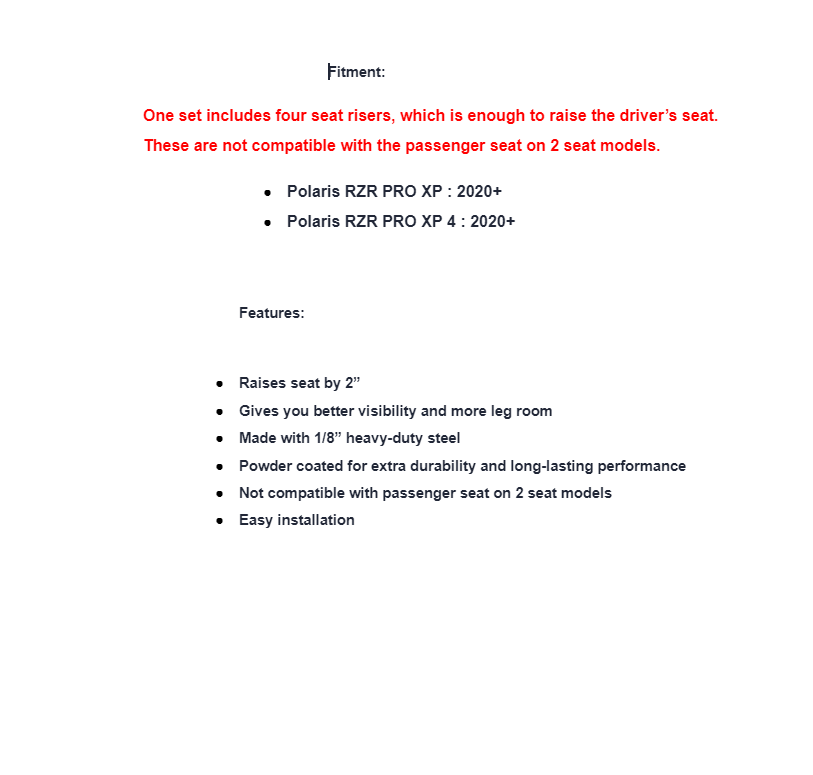 SuperATV Driver Seat Risers For Polaris RZR PRO XP/ XP4 2020+ - Image 4