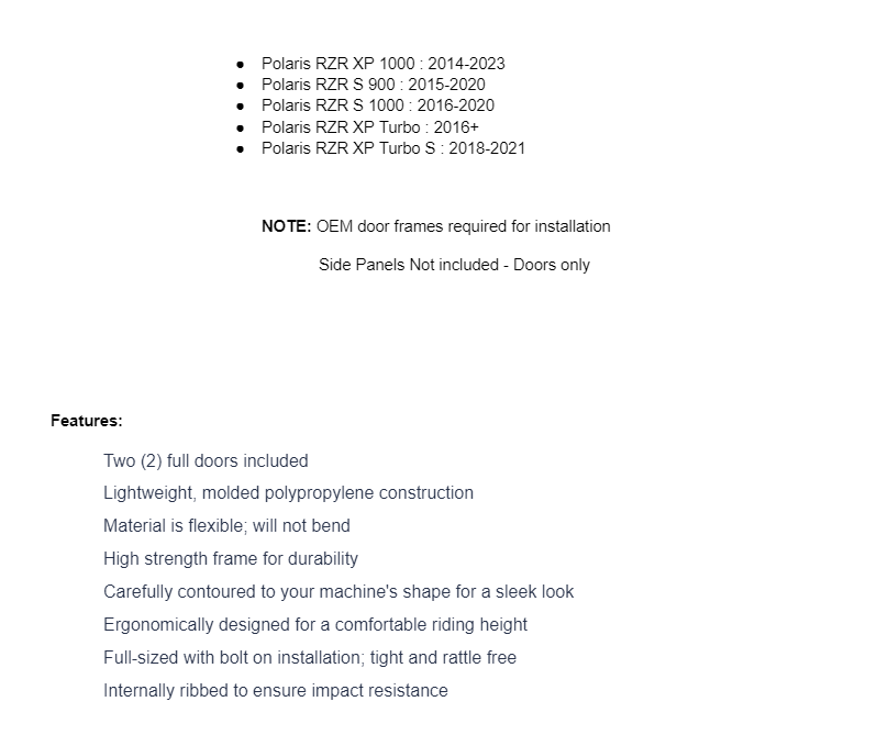 SuperATV Full Plastic Doors For Polaris RZR XP - Image 8