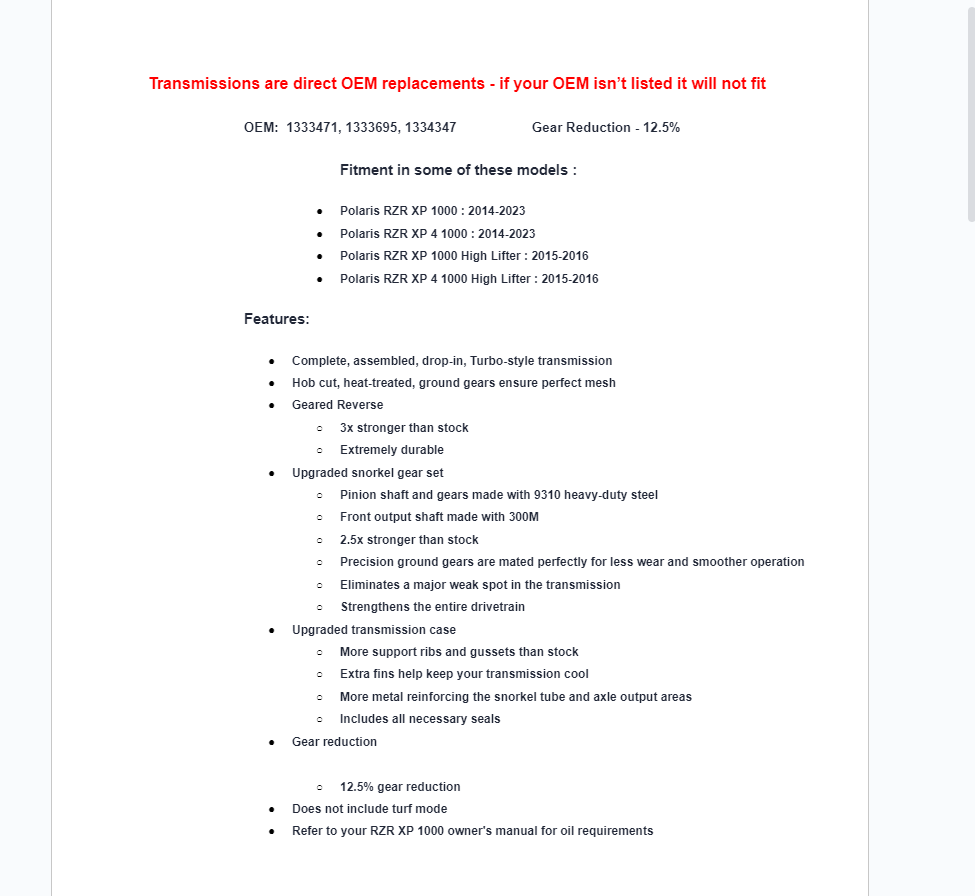 SuperATV Complete Geared- Reverse Transmission For Polaris RZR 1333471, 1333695, 1334347 - Image 11