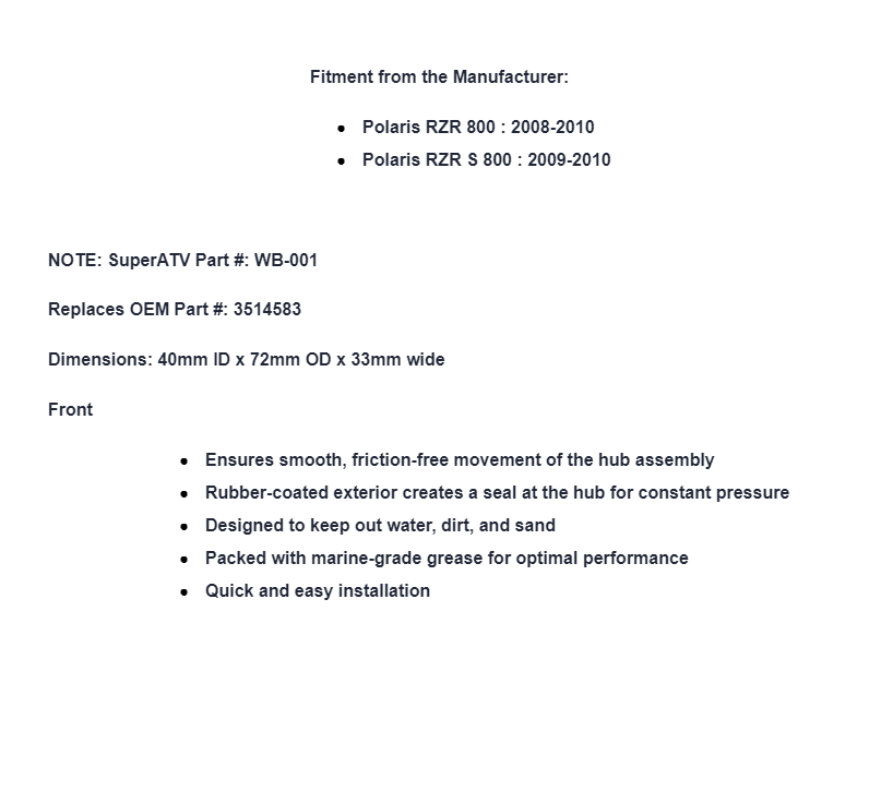 SuperATV Front Wheel Bearing For Polaris 3514583 - Image 2