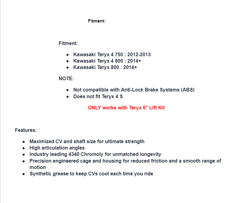 SuperATV Rhino Big Lift Kit +6 Front Left Axle For Kawasaki Teryx 2016+ - Image 3