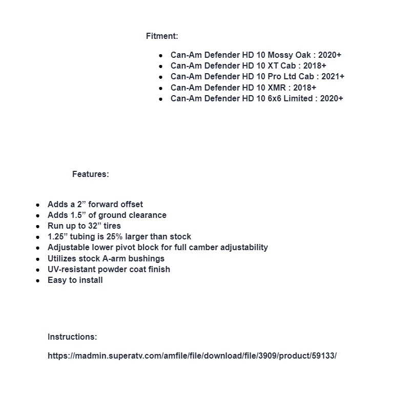 SuperATV High Clearance 2" Forward Offset A-Arms For Can-Am Defender HD10 - Image 5