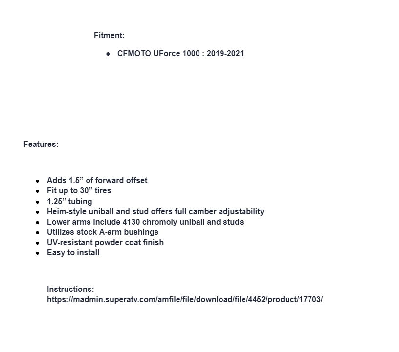 SuperATV High Clearance 1.5" Forward Offset A-Arms For CFMOTO UForce 1000 '19-21 - Image 5