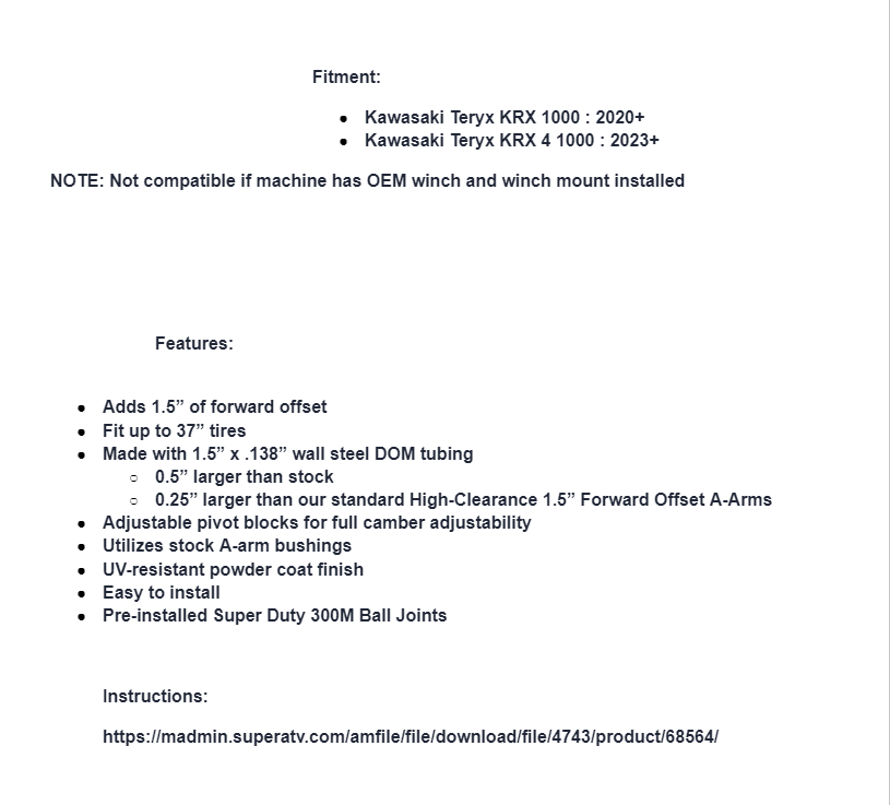 SuperATV Atlas Pro 1.5" Forward Offset A-Arms W/ Ball Joint For Kawasaki Teryx KRX - Image 5