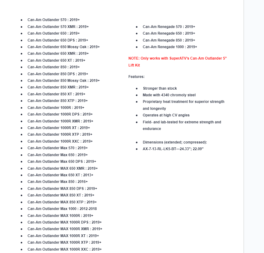 SuperATV Rhino 2.0 +5 Big Lift Kit Rear Left Axle For Can-Am Outlander / Renegade - Image 3