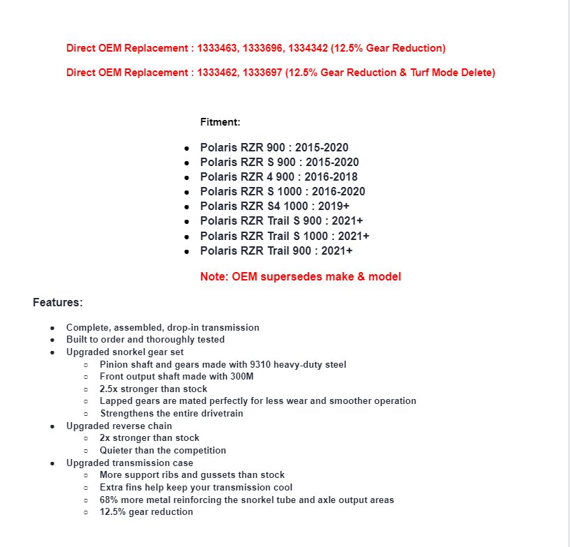 SuperATV Complete Heavy Duty Transmission For Polaris RZR 12.5% Gear Reduction - Image 10
